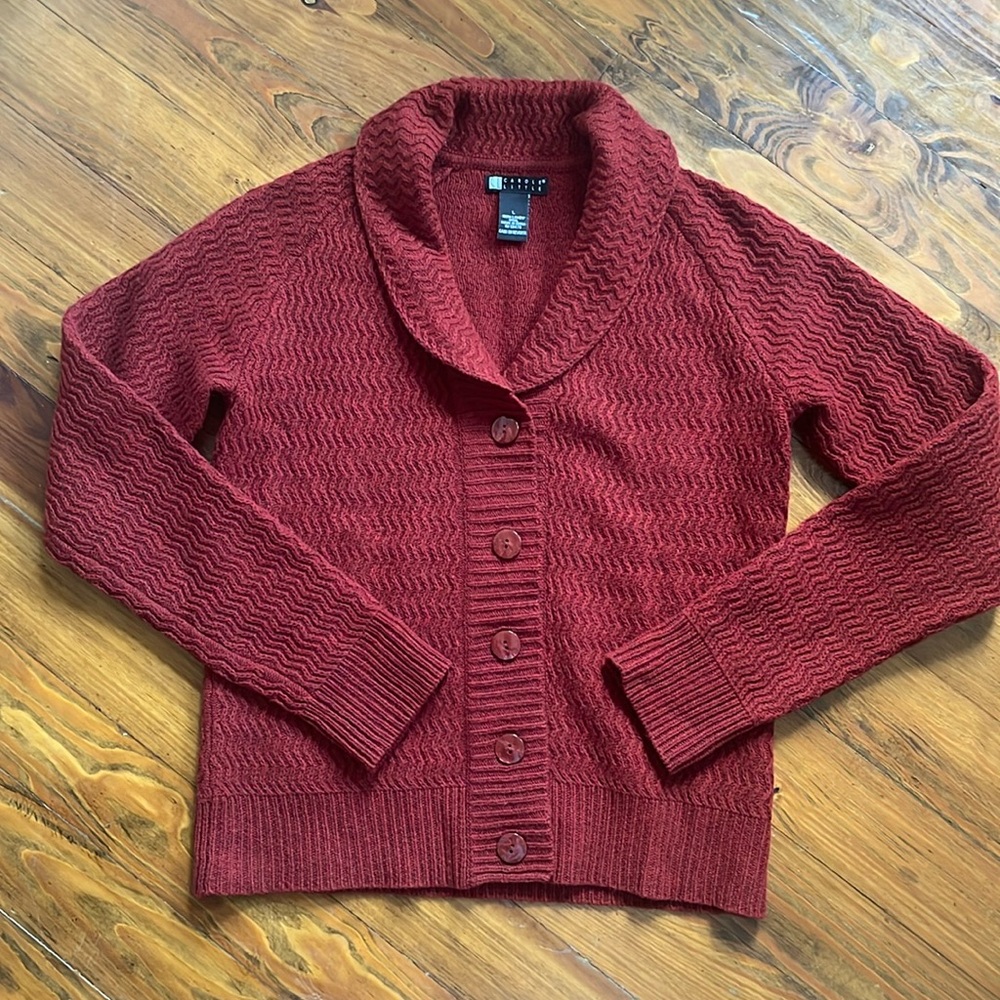 Carole Little VTG Lambswool Cardigan Sweater Burgundy Red Size L‎